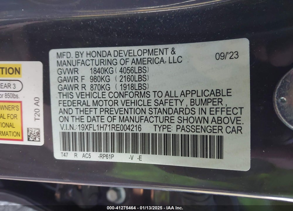 2024 HONDA CIVIC VIN: 19XFL1H71RE004216
