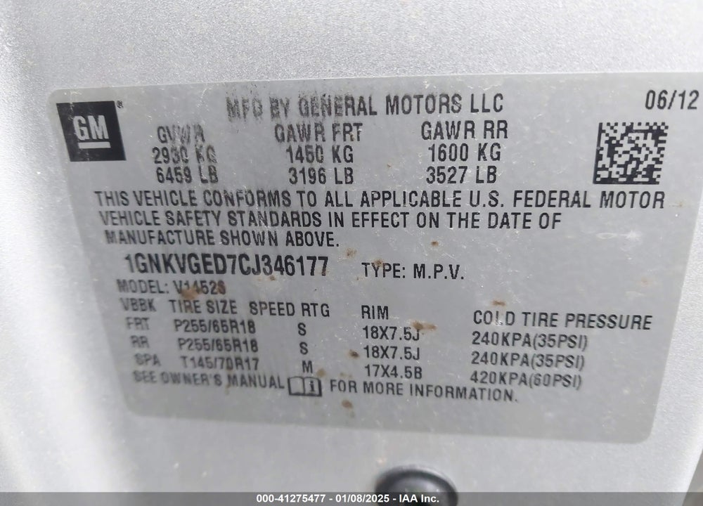 2012 CHEVROLET TRAVERSE 1LT VIN: 1GNKVGED7CJ346177
