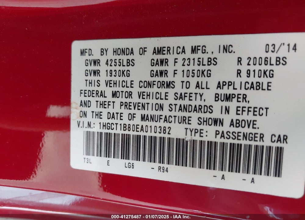 2014 HONDA ACCORD VIN: 1HGCT1B80EA010382