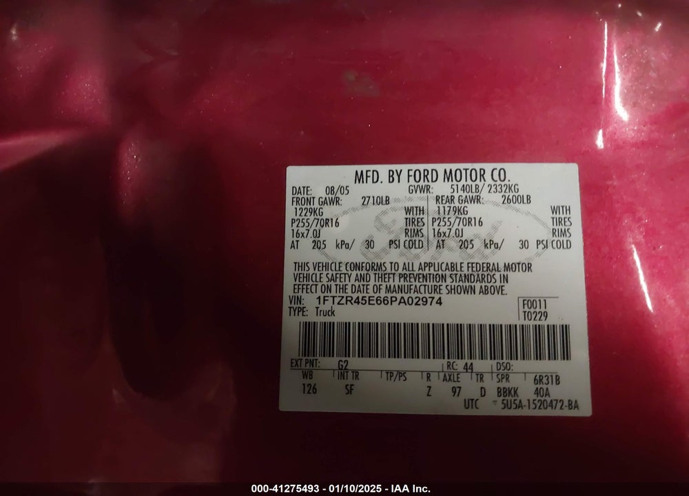 2006 FORD RANGER VIN: 1FTZR45E66PA02974