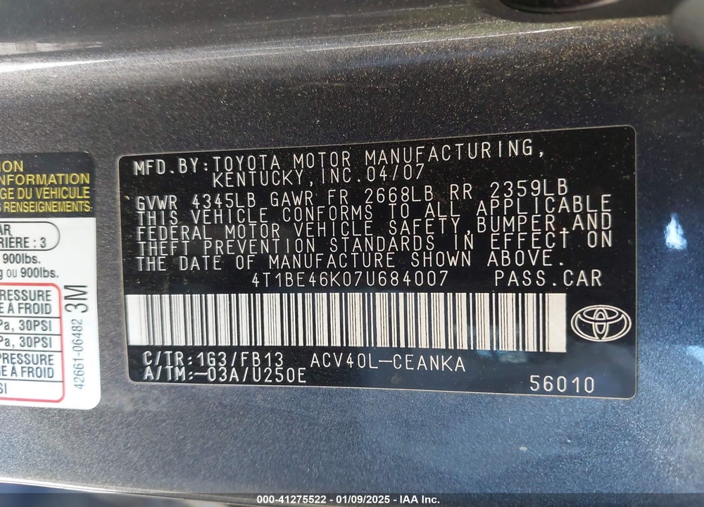 2007 TOYOTA CAMRY LE VIN: 4T1BE46K07U684007
