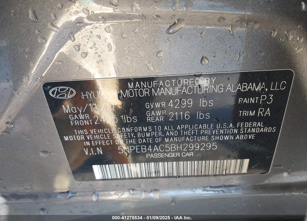 2011 HYUNDAI SONATA VIN: 5NPEB4AC5BH299295
