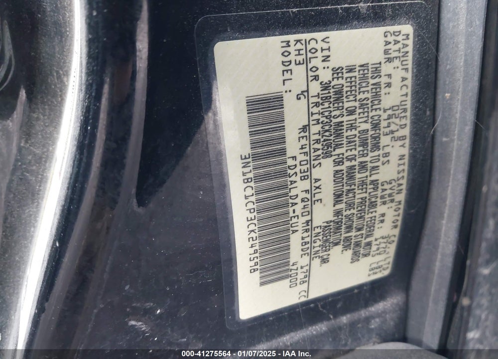 2012 NISSAN VERSA 1.8 S VIN: 3N1BC1CP3CK249598