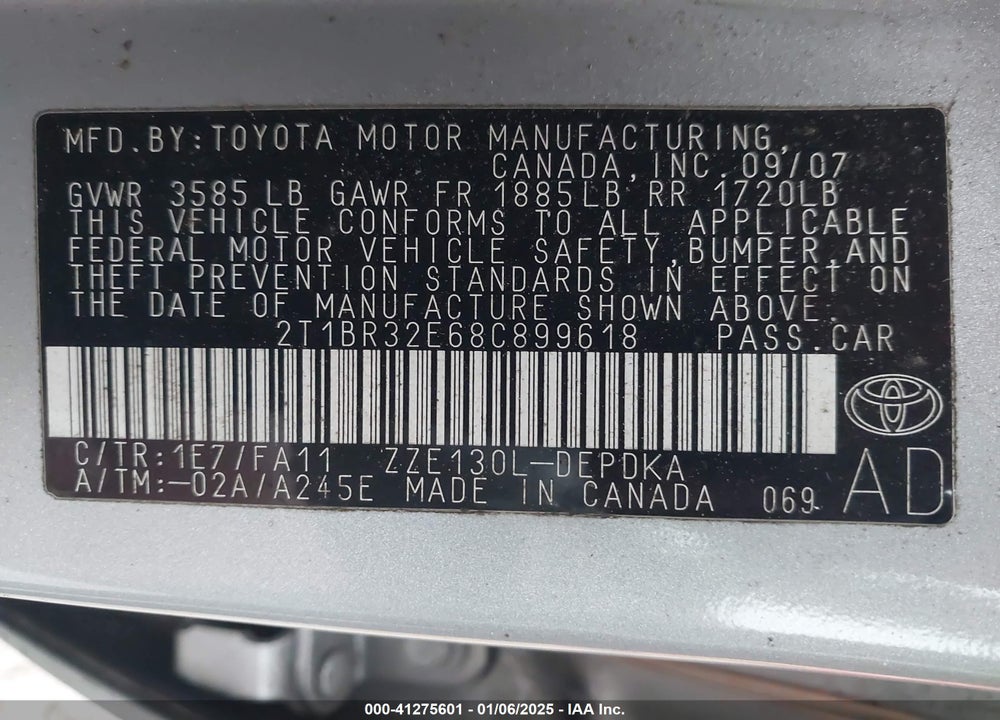 2008 TOYOTA COROLLA CE VIN: 2T1BR32E68C899618