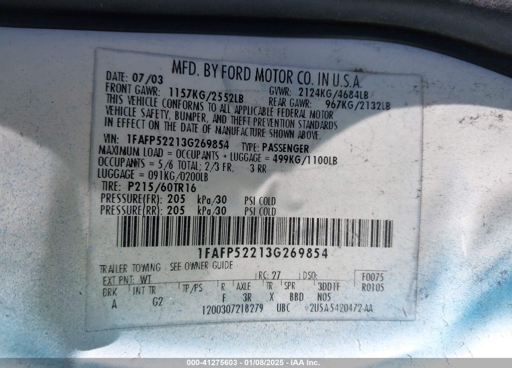 2003 FORD TAURUS LX VIN: 1FAFP52213G269854