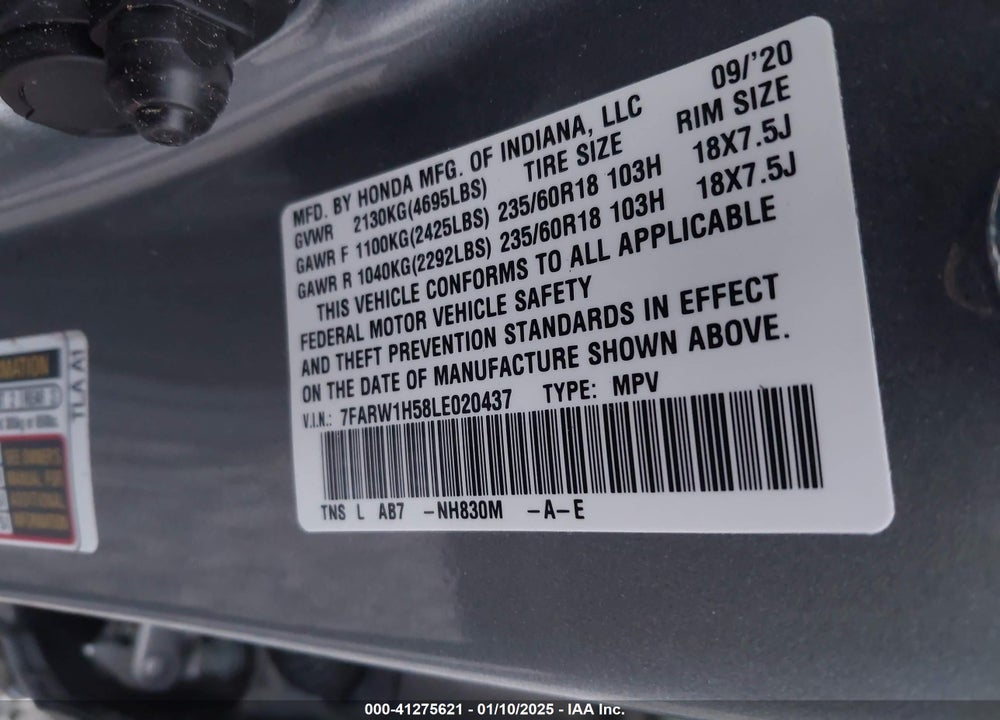 2020 HONDA CR-V 2WD EX VIN: 7FARW1H58LE020437
