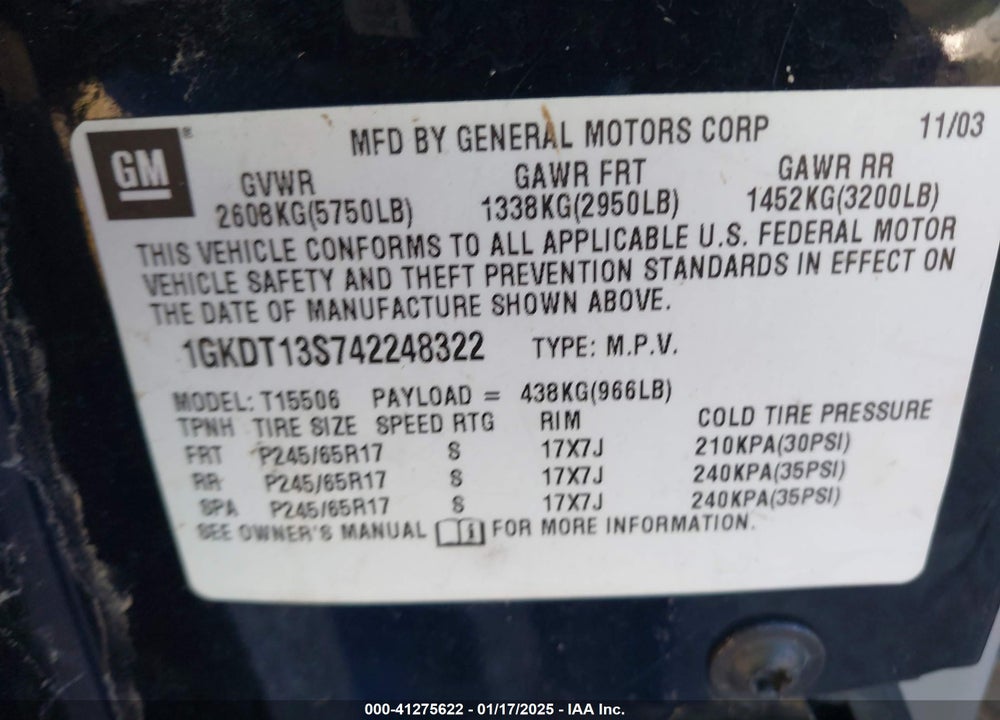 2004 GMC ENVOY SLT VIN: 1GKDT13S742248322