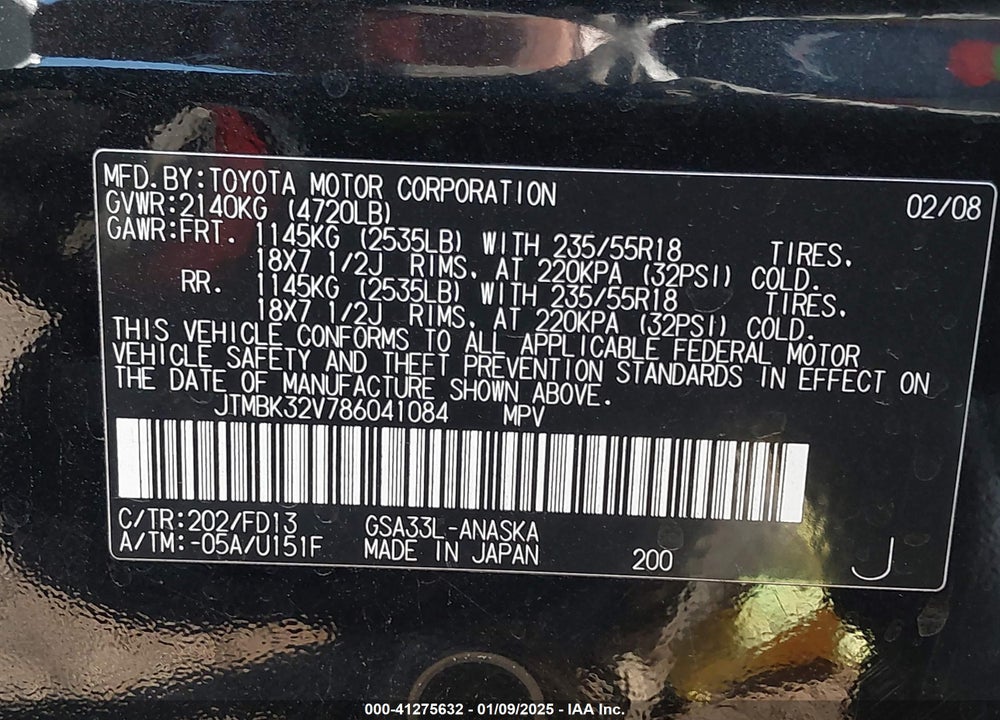 2008 TOYOTA RAV4 SPORT V6 VIN: JTMBK32V786041084