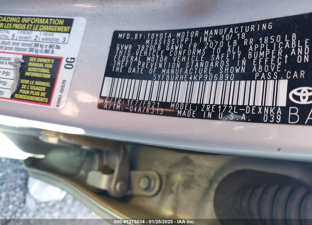 2019 TOYOTA COROLLA VIN: 5YFBURHE4KP906890