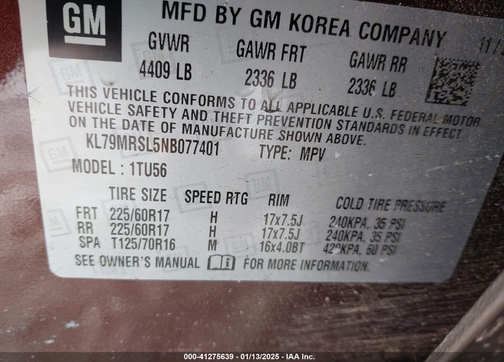 2022 CHEVROLET TRAILBLAZER AWD LT VIN: KL79MRSL5NB077401