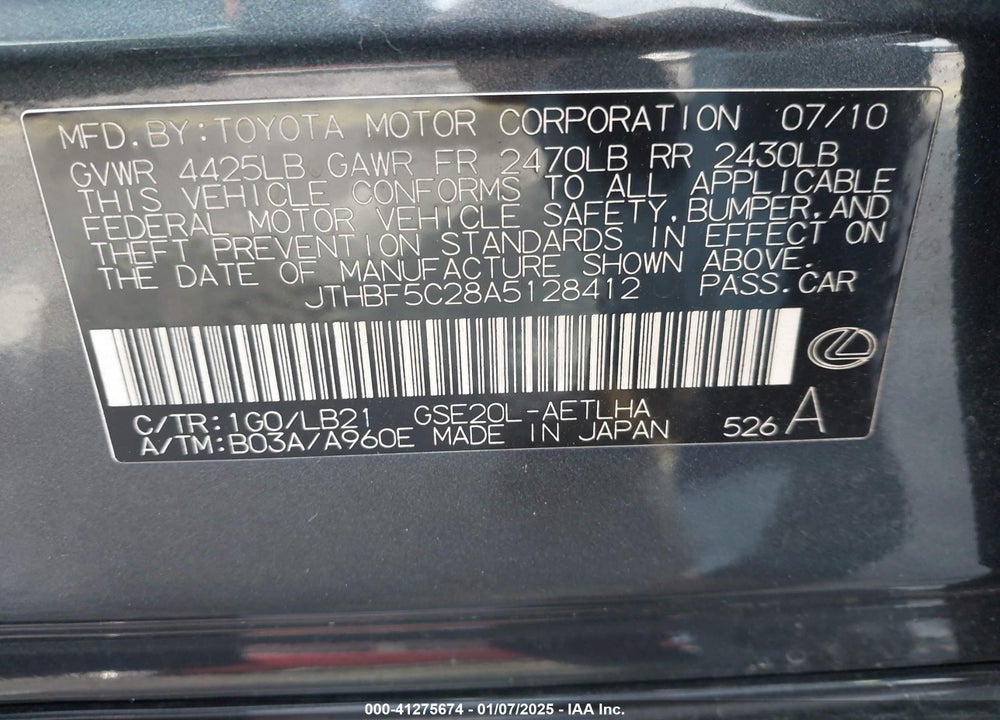 2010 LEXUS IS 250 BASE A6 VIN: JTHBF5C28A5128412