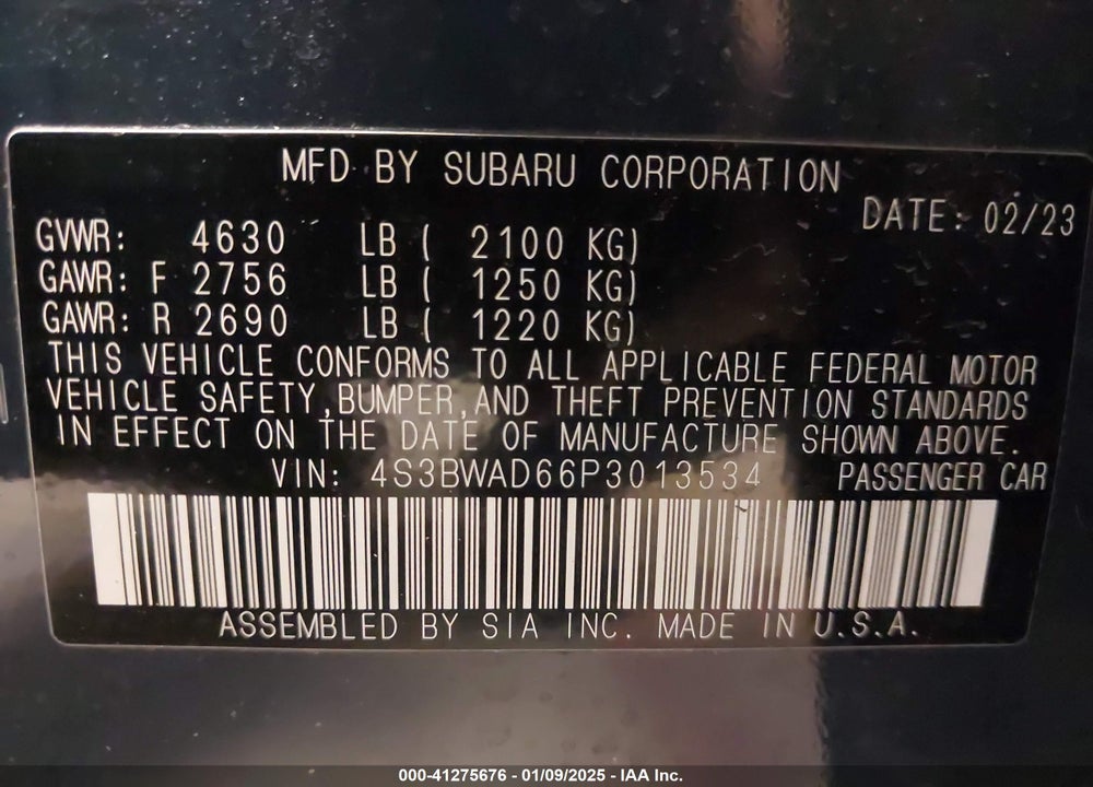 2023 SUBARU LEGACY PREMIUM VIN: 4S3BWAD66P3013534
