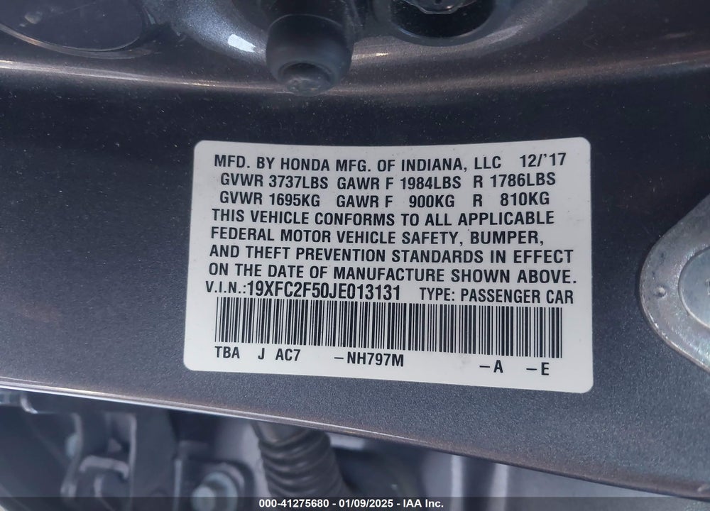 2018 HONDA CIVIC VIN: 19XFC2F50JE013131