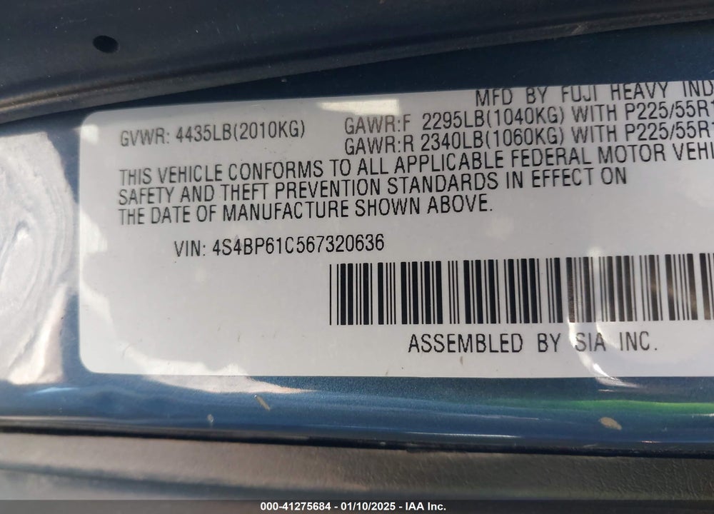 2006 SUBARU OUTBACK 2.5I VIN: 4S4BP61C567320636