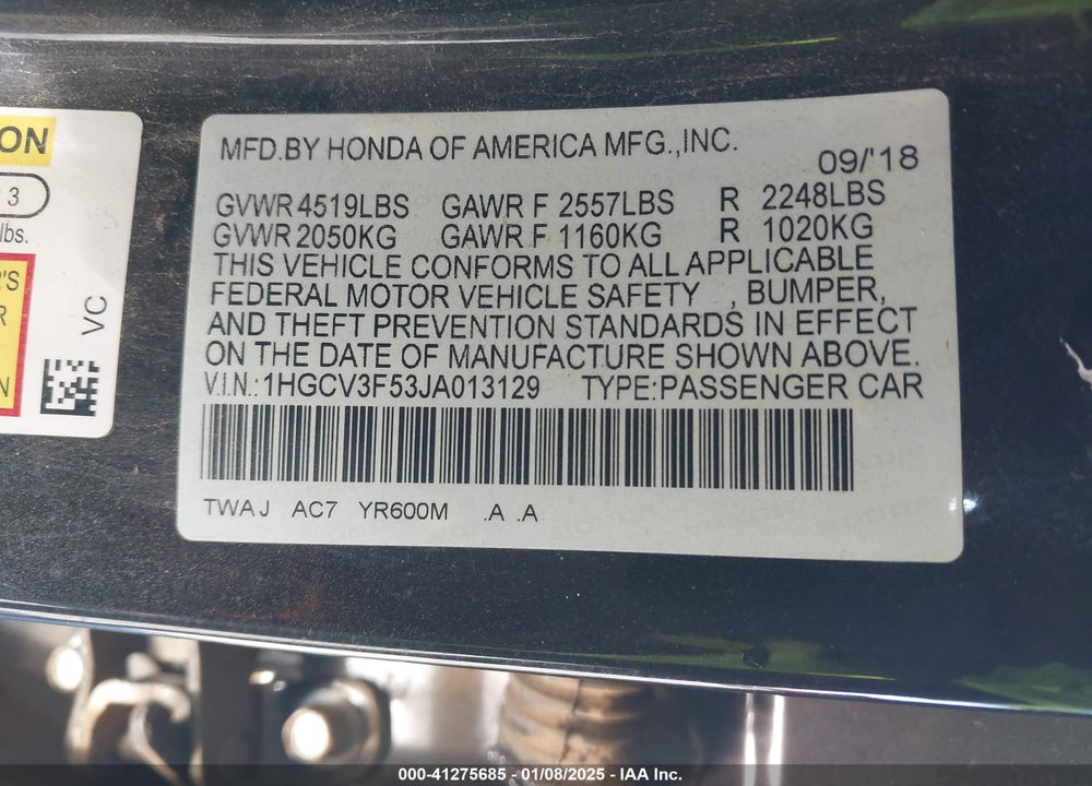 2018 HONDA ACCORD HYBRID VIN: 1HGCV3F53JA013129