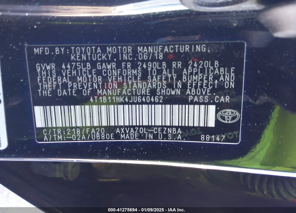 2018 TOYOTA CAMRY VIN: 4T1B11HK4JU640462