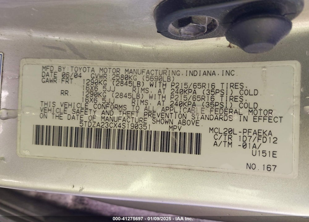 2004 TOYOTA SIENNA VIN: 5TDZA23CX4S190351