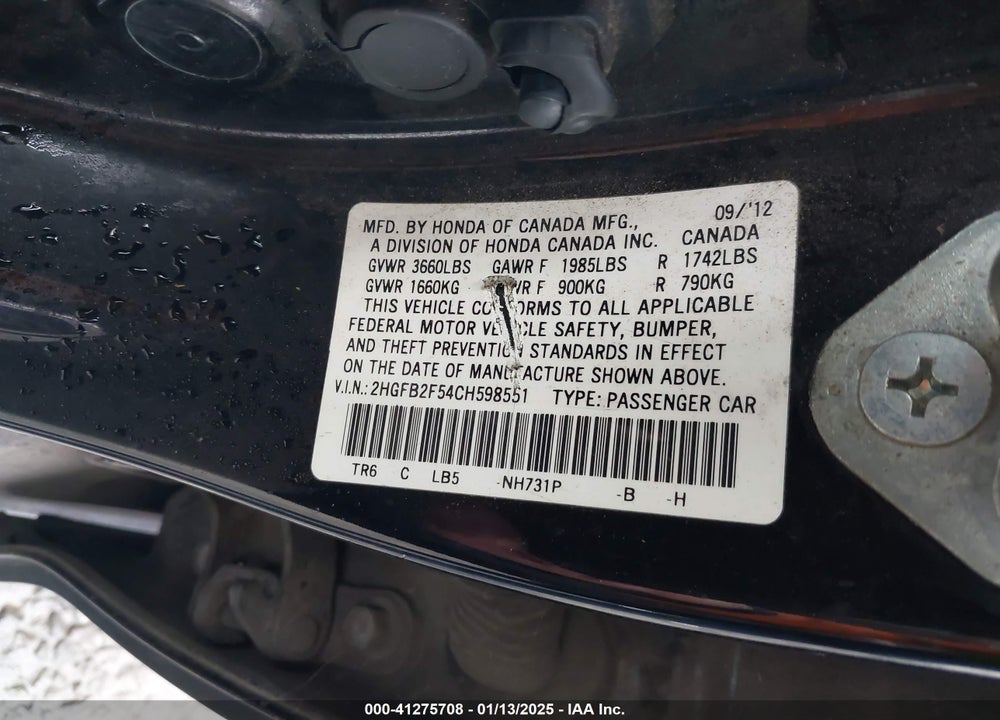 2012 HONDA CIVIC SDN VIN: 2HGFB2F54CH598551