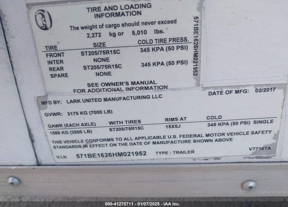 2017 LARK CARGO TRAILER VIN: 571BE1626HM021952