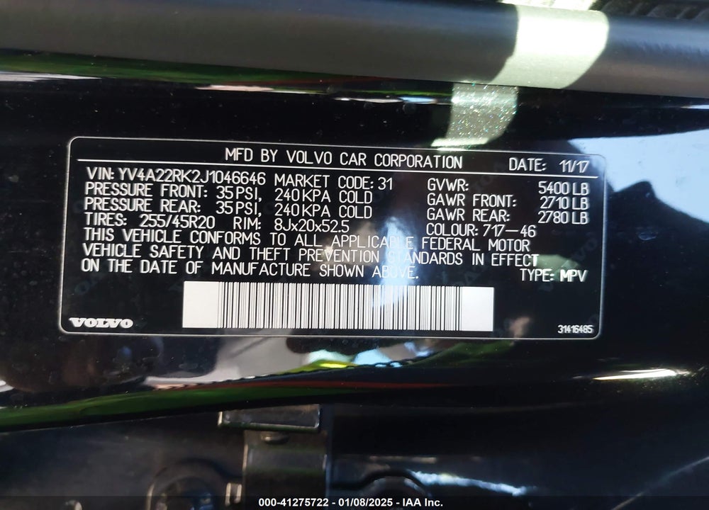2018 VOLVO XC60 VIN: YV4A22RK2J1046646
