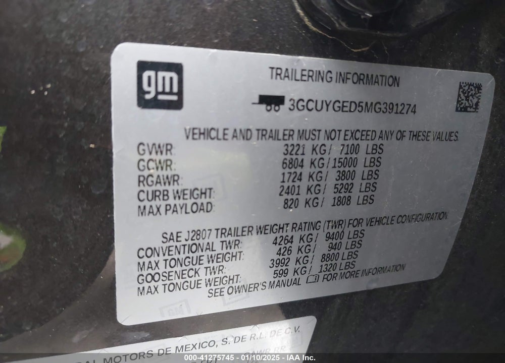 2021 CHEVROLET SILVERADO 1500 VIN: 3GCUYGED5MG391274