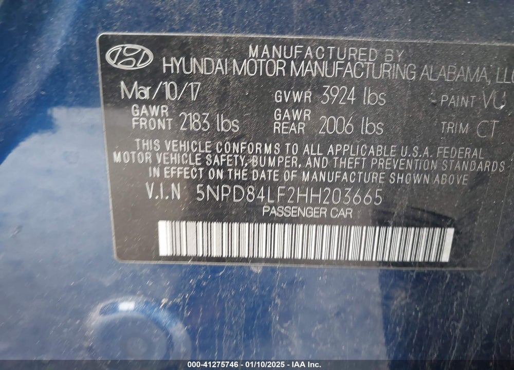 2017 HYUNDAI ELANTRA VALUE EDITION VIN: 5NPD84LF2HH203665