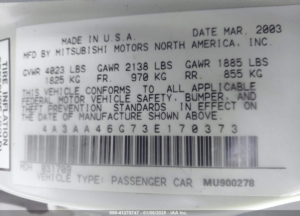2003 MITSUBISHI GALANT ES/LS VIN: 4A3AA46G73E170373