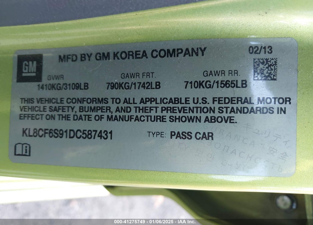 2013 CHEVROLET SPARK 2LT AUTO VIN: KL8CF6S91DC587431