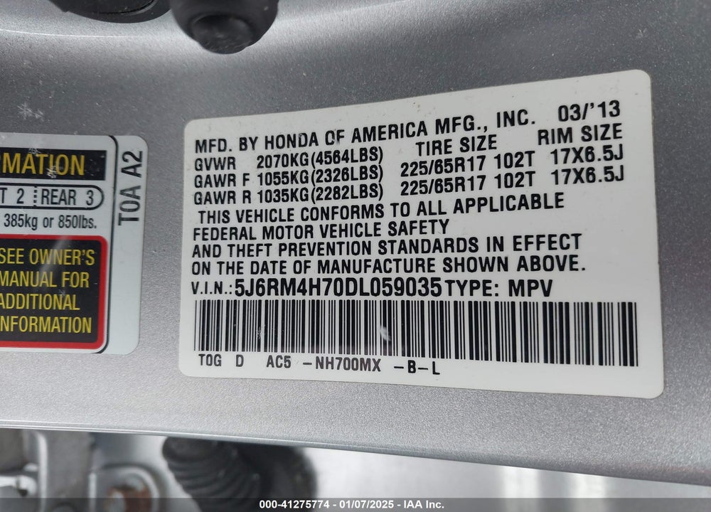 2013 HONDA CR-V EX-L VIN: 5J6RM4H70DL059035