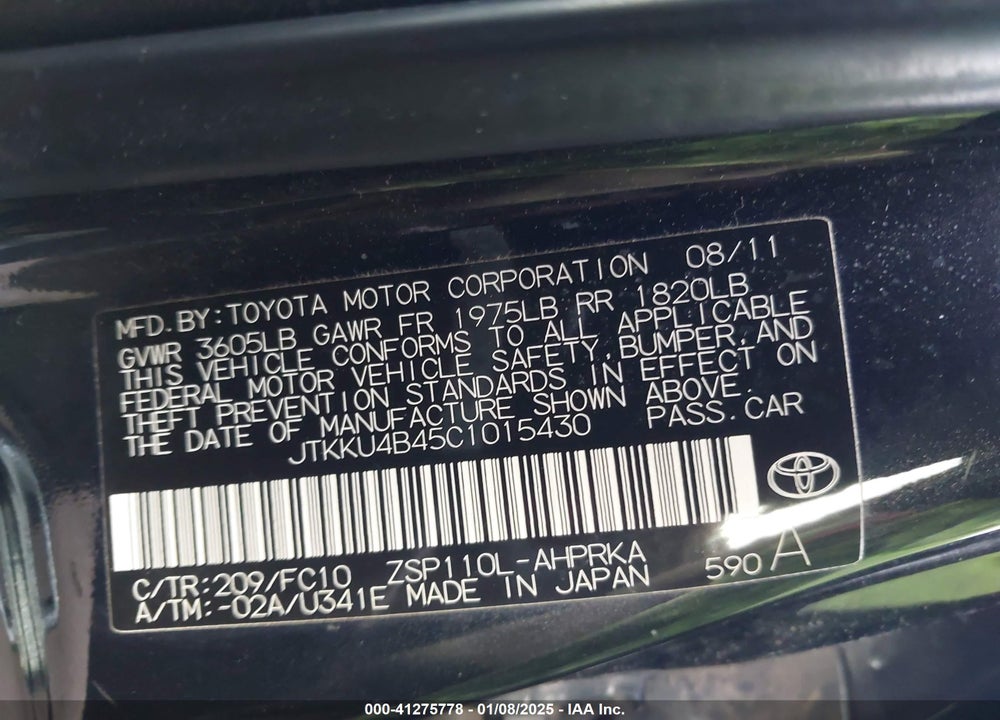 2012 TOYOTA SCION XD VIN: JTKKU4B45C1015430