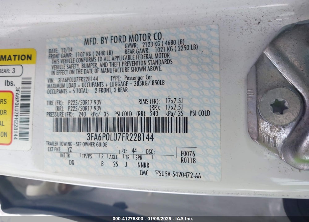 2015 FORD FUSION HYBRID SE VIN: 3FA6P0LU7FR228144