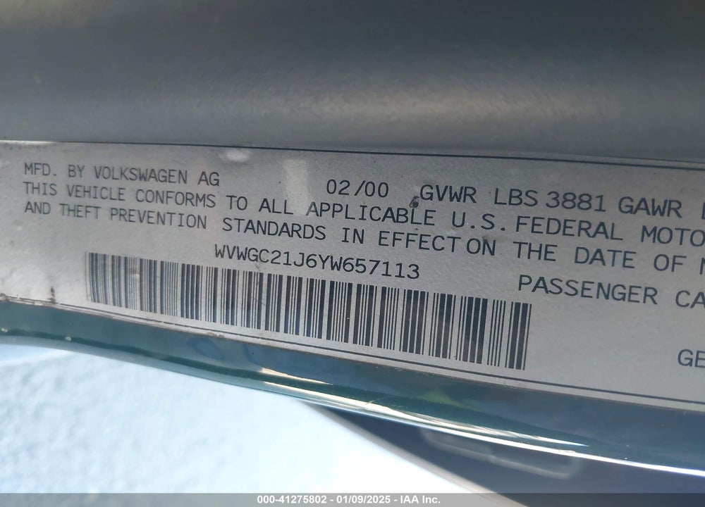 2000 VOLKSWAGEN GOLF GLS VIN: WVWGC21J6YW657113