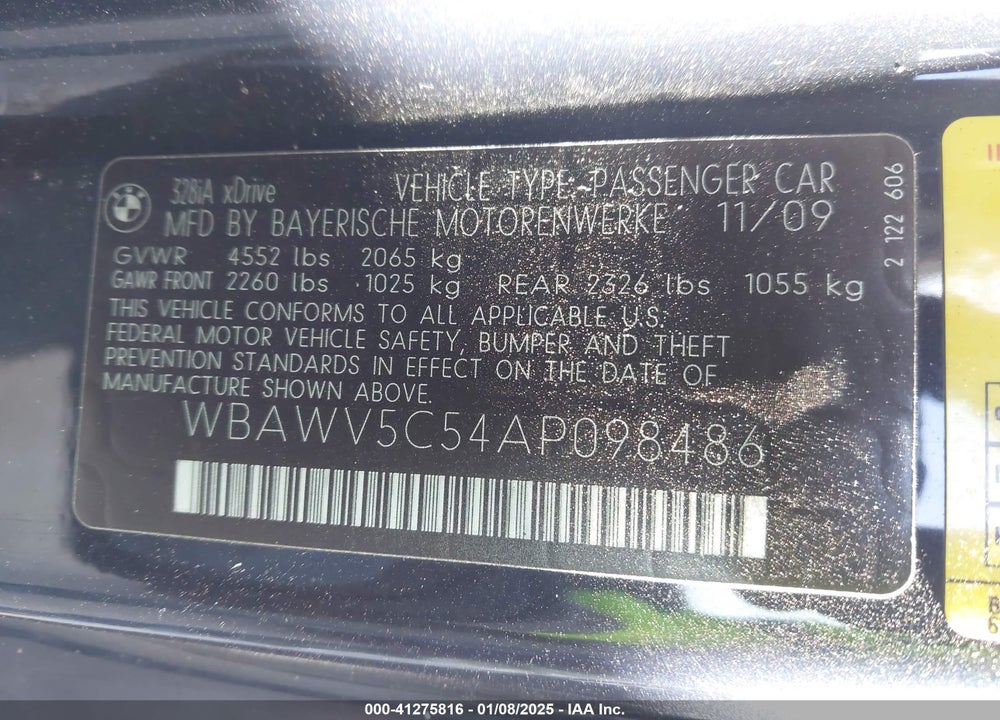 2010 BMW 328I XDRIVE VIN: WBAWV5C54AP098486