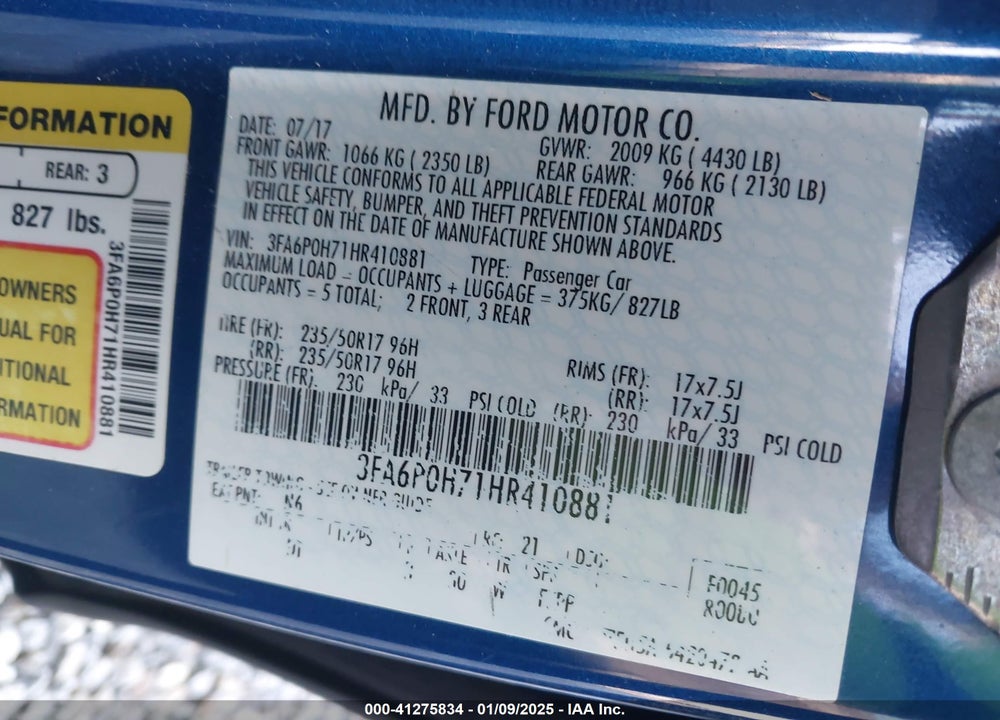 2017 FORD FUSION SE VIN: 3FA6P0H71HR410881