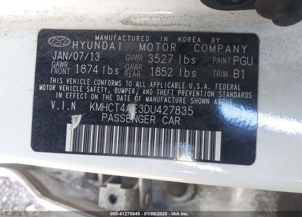 2013 HYUNDAI ACCENT GLS VIN: KMHCT4AE3DU427835