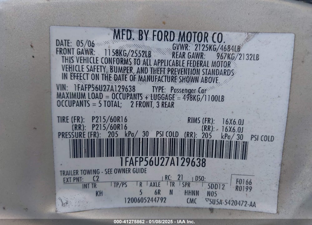 2007 FORD TAURUS SEL VIN: 1FAFP56U27A129638