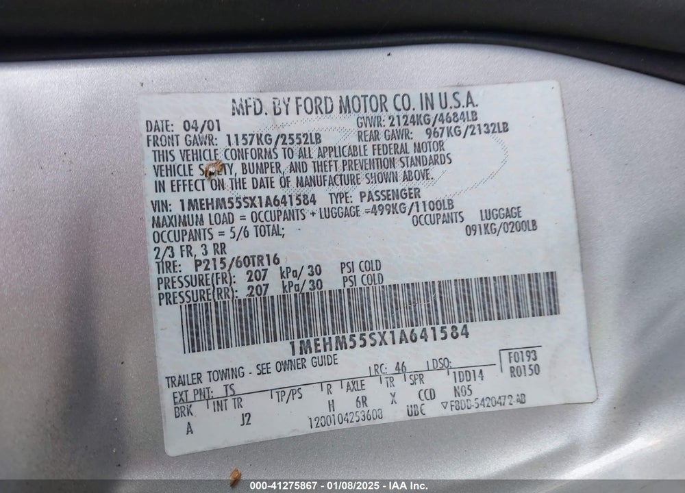 2001 MERCURY SABLE LS PREMIUM VIN: 1MEHM55SX1A641584