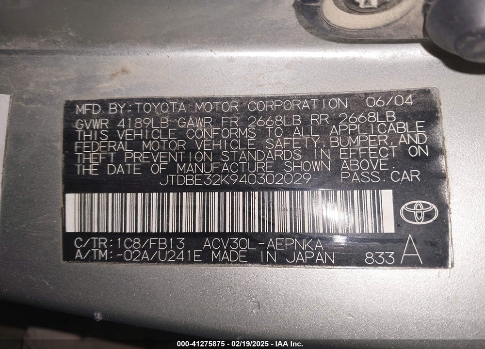2004 TOYOTA CAMRY LE VIN: JTDBE32K940302029