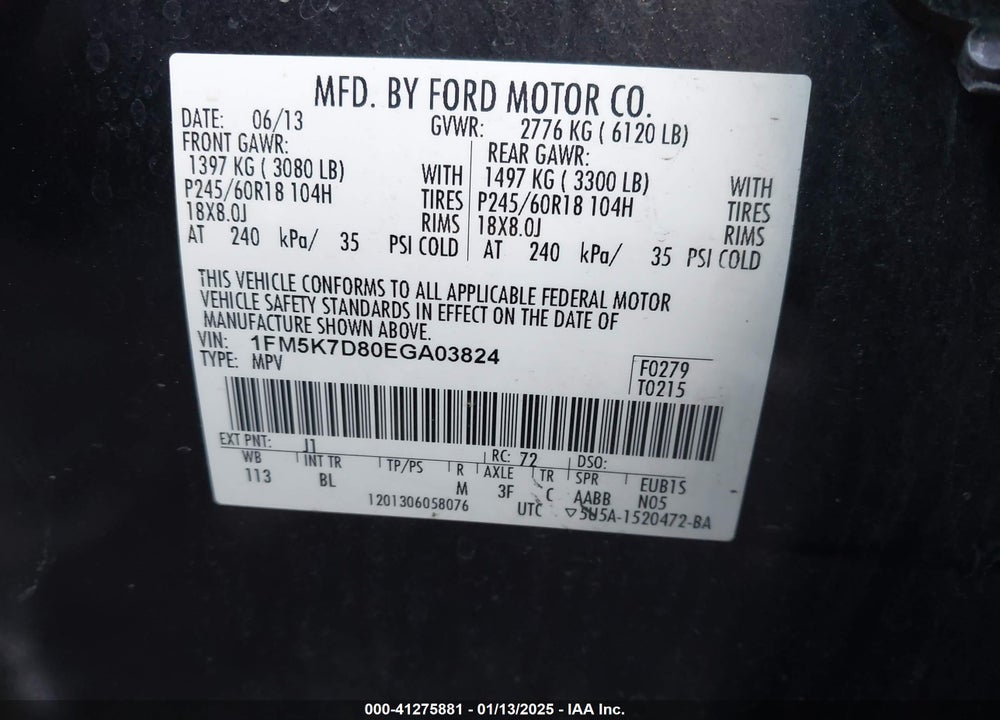 2014 FORD EXPLORER XLT VIN: 1FM5K7D80EGA03824
