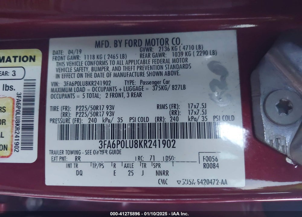 2019 FORD FUSION HYBRID VIN: 3FA6P0LU8KR241902