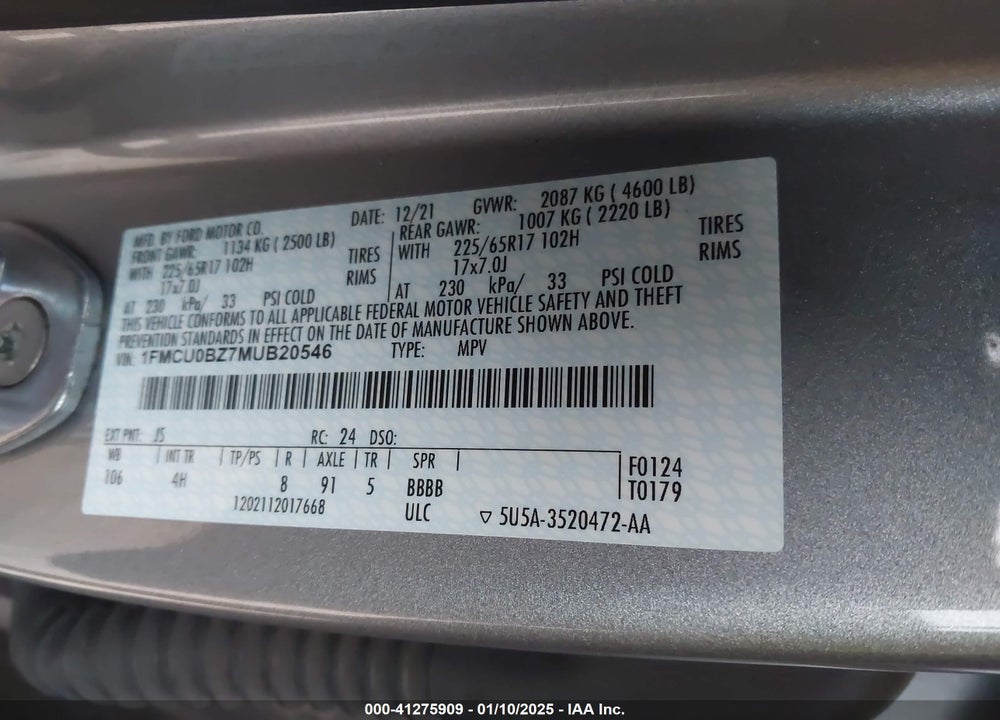 2021 FORD ESCAPE SE HYBRID VIN: 1FMCU0BZ7MUB20546