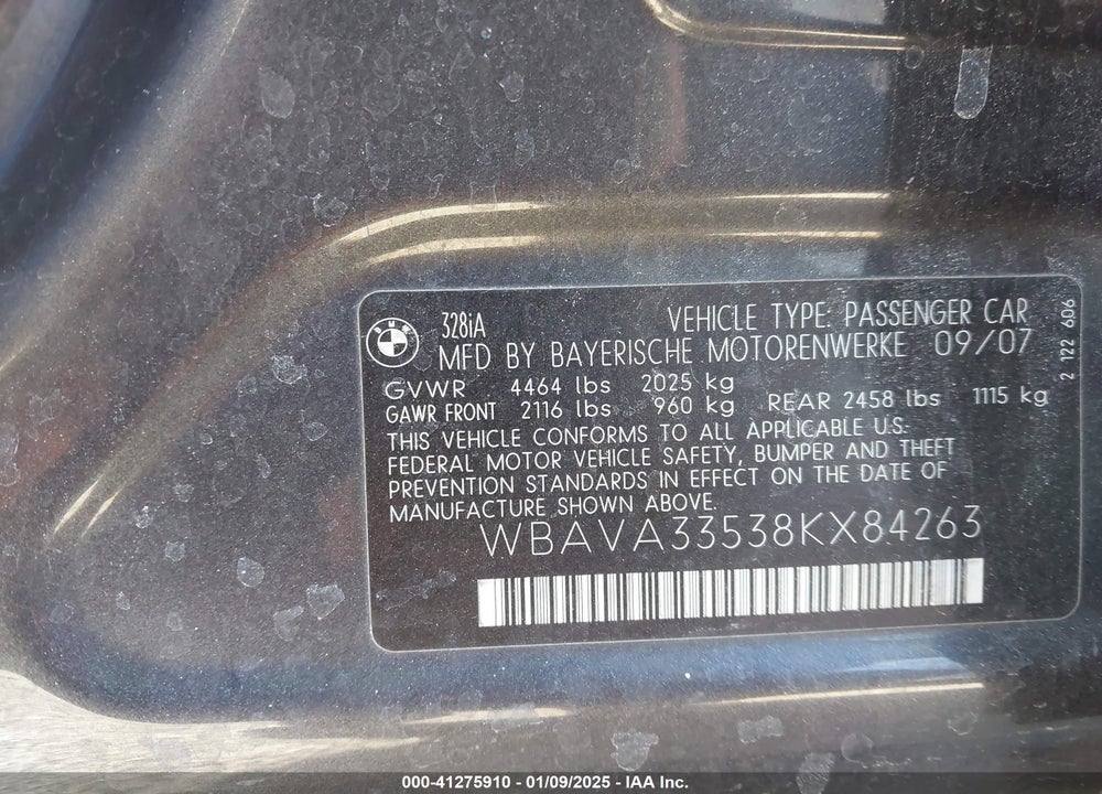 2008 BMW 328I VIN: WBAVA33538KX84263
