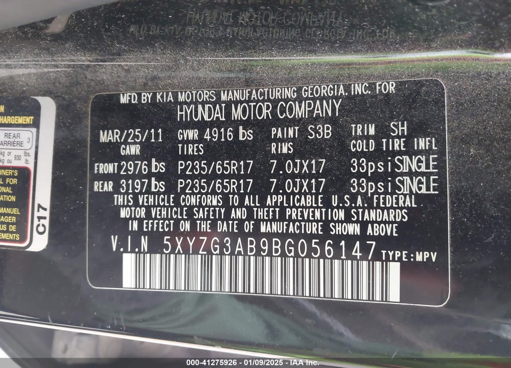 2011 HYUNDAI SANTA FE GLS VIN: 5XYZG3AB9BG056147
