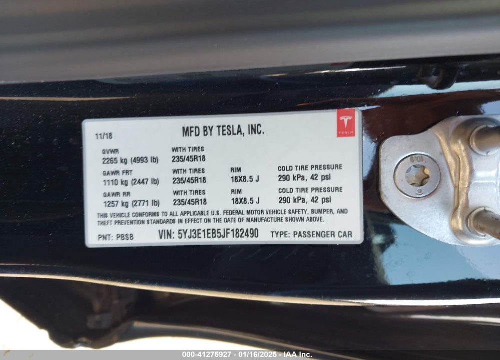 2018 TESLA MODEL 3 VIN: 5YJ3E1EB5JF182490