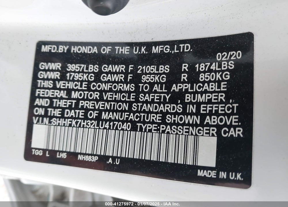 2020 HONDA CIVIC VIN: SHHFK7H32LU417040