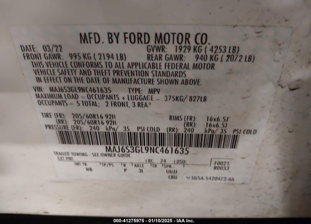 2022 FORD ECOSPORT SE VIN: MAJ6S3GL9NC461635