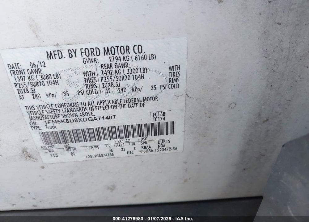 2013 FORD EXPLORER XLT VIN: 1FM5K8D8XDGA71407