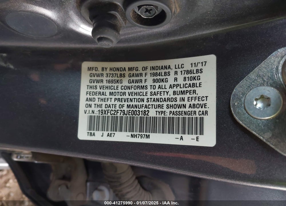 2018 HONDA CIVIC EX VIN: 19XFC2F79JE003182