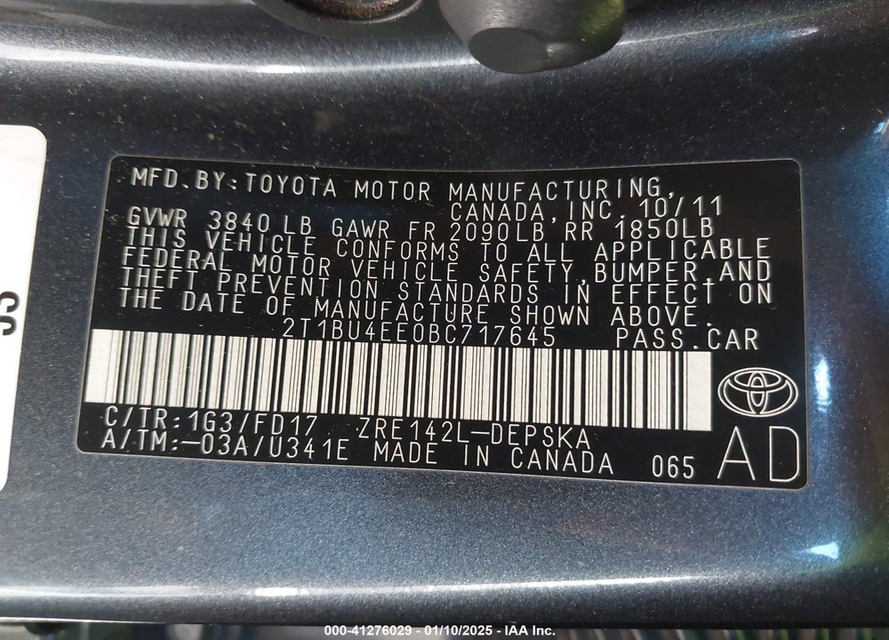 2011 TOYOTA COROLLA VIN: 2T1BU4EE0BC717645