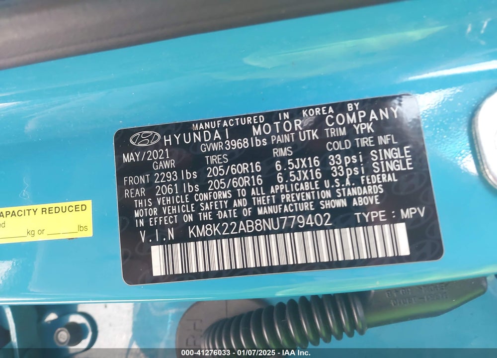 2022 HYUNDAI KONA SE VIN: KM8K22AB8NU779402